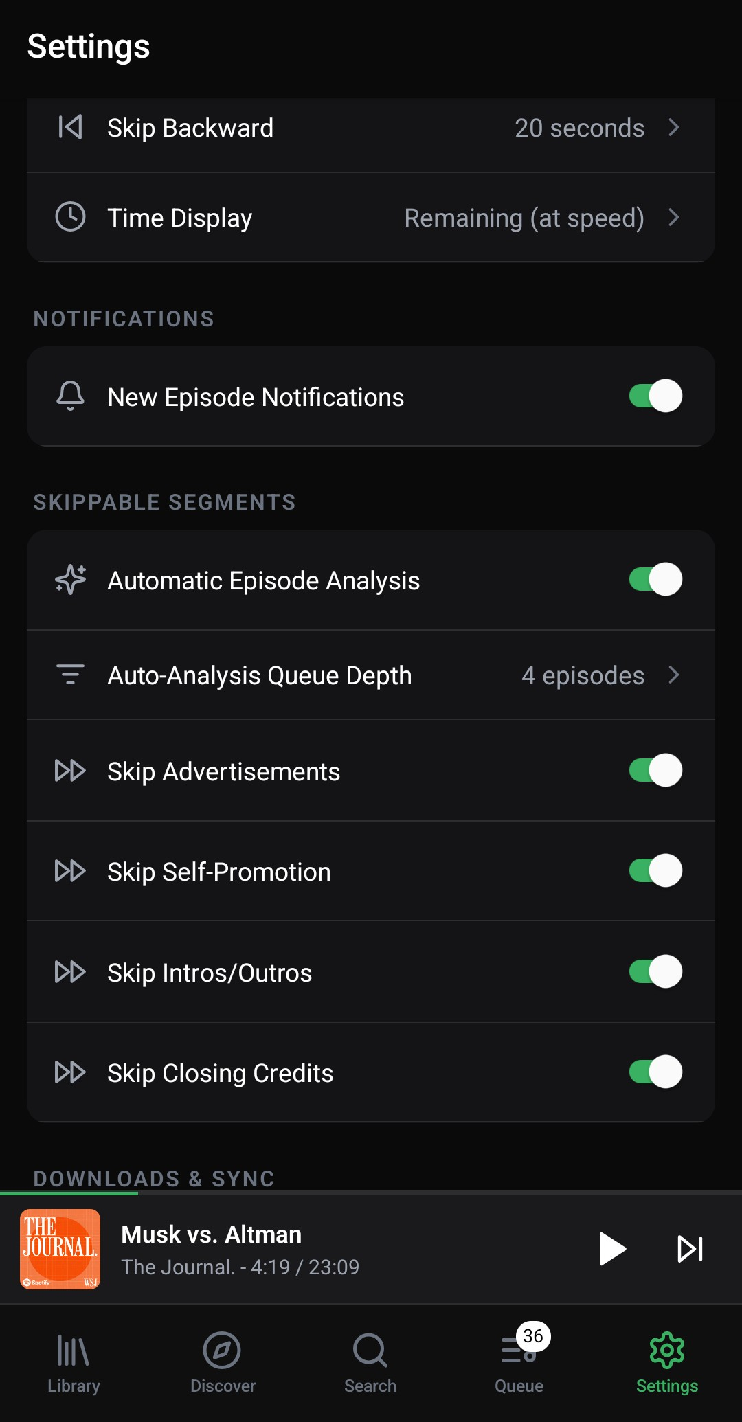 Global automatic podcast segment skip settings in STFUAI