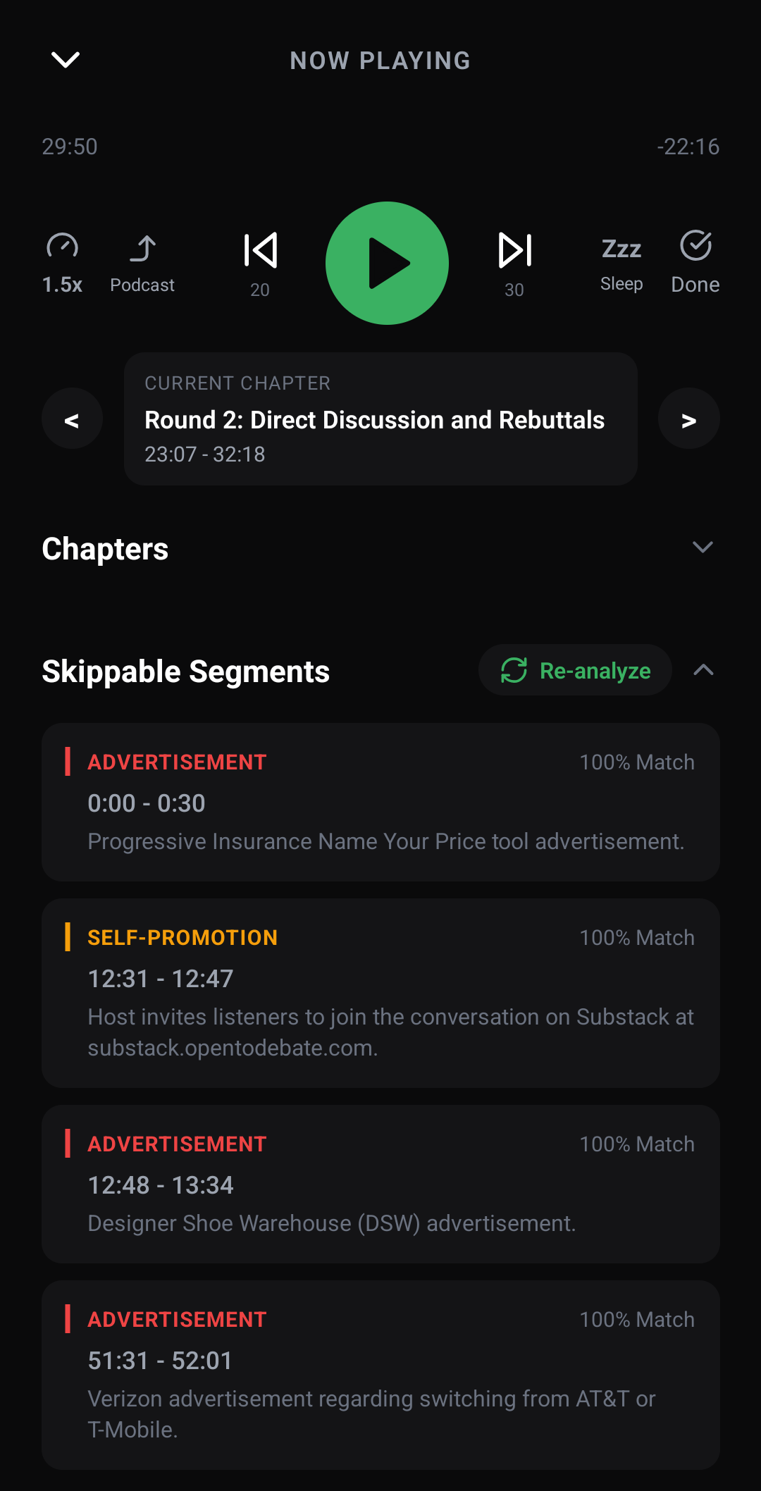 STFUAI Android podcast player showing detected advertisements and self-promotion